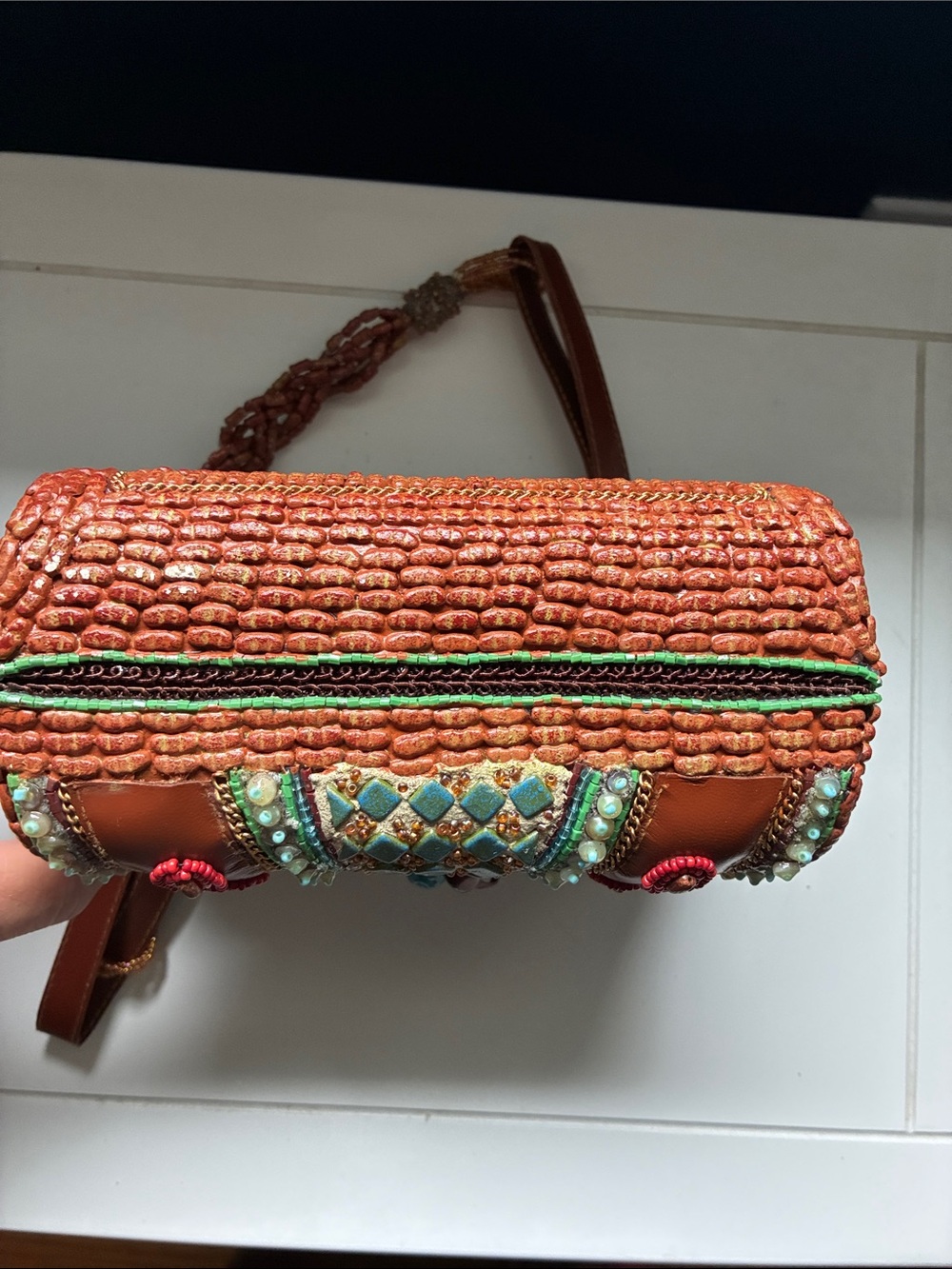 Rare Mary Frances Coral, Turquoise & Brown Beaded Embellished clutch purse - Picture 6 of 9